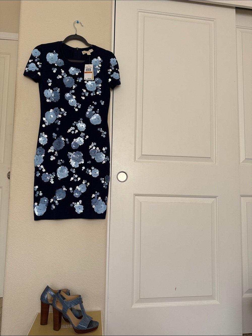 Navy Floral Sequin Short Sleeve Dress